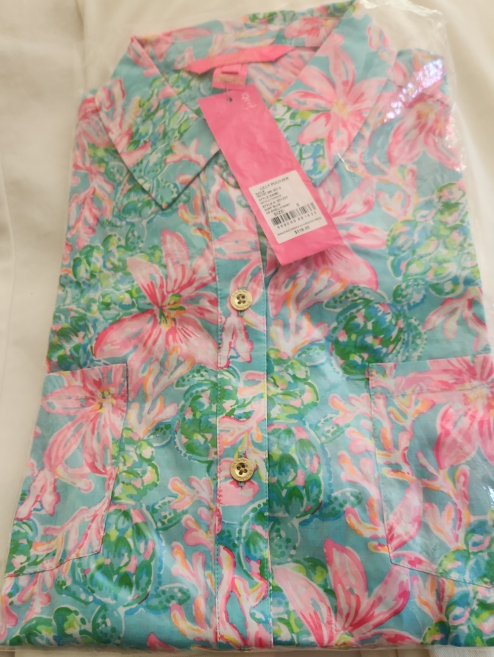 NWT- Lilly Pulitzer Surf Blue Floral (NATALIE) Coverup with Pink Blooms.
